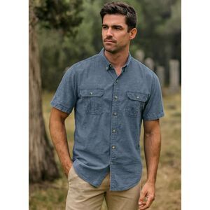 GH Bass Button Down Chambray Shirt Mens Sz XL Blue Short Sleeve Cotton Outdoors
